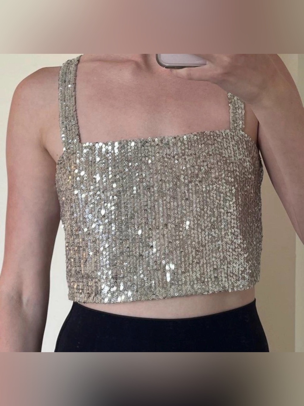Adika Silver Sequin Open-Back Crop Top